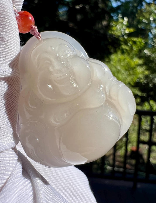 30mm+ Certified natural jade/lotus Nephrite carved Maitreya Buddha pendant/ necklace 天然软玉 藕粉佛公吊坠 笑佛 弥勒佛#7132 冰润浅粉色