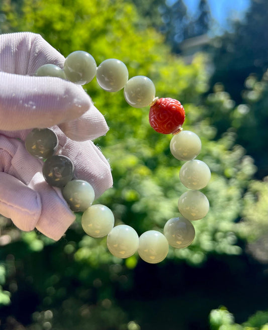12mm Certified natural jade/Ruoqiang black and green nephrite/Qinghua nephrite beads bracelet/天然软玉 若羌绿底飘墨青花手串 搭配南红雕刻珠 #2907 细度好 油性佳