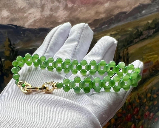 Certified natural nephrite green jade/green nephrite beads braided bracelet /bright green 天然软玉 碧玉 圆珠编织手串 手链#3578 冰果阳绿