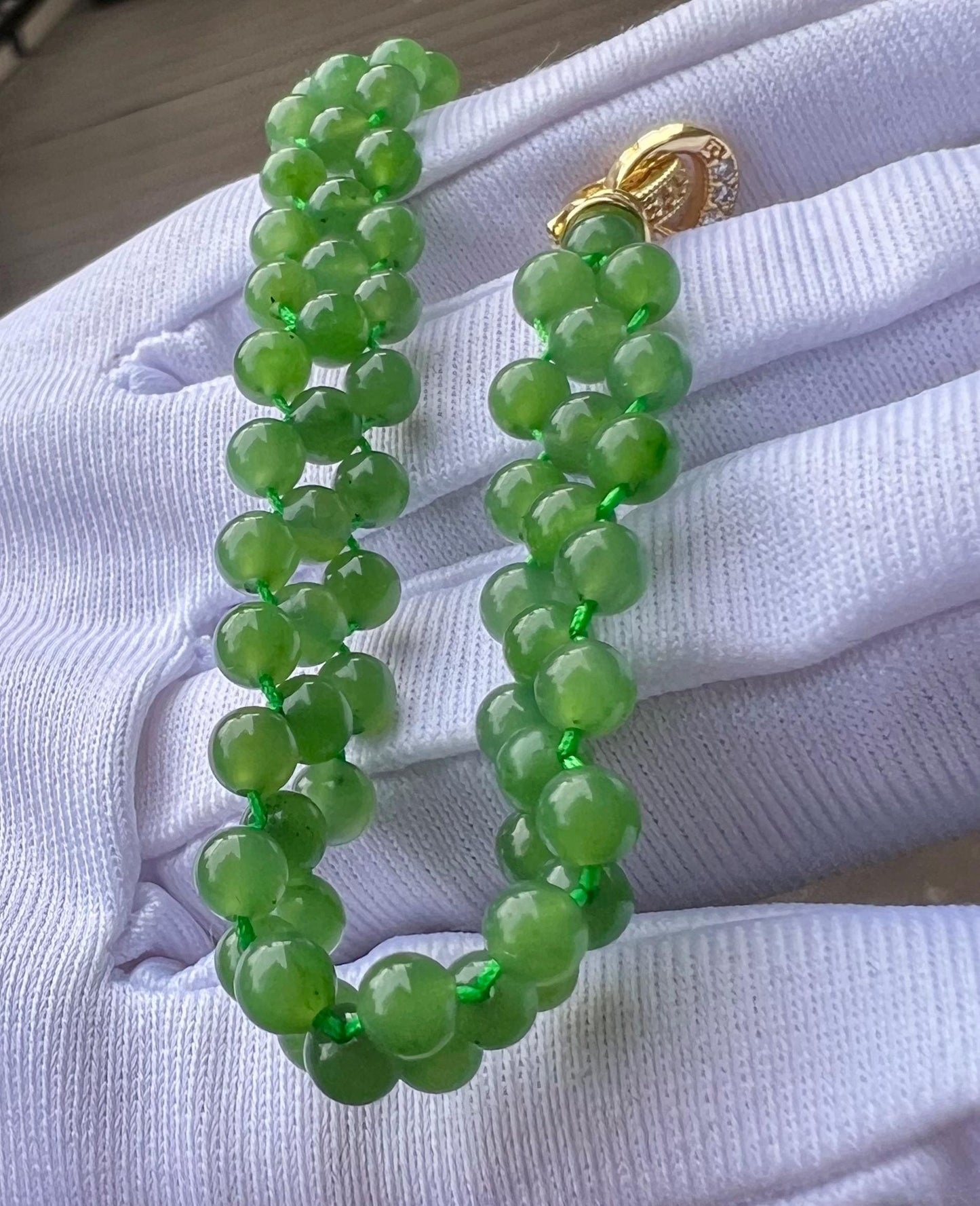 Certified natural nephrite green jade/green nephrite beads braided bracelet /bright green 天然软玉 碧玉 圆珠编织手串 手链#3578 冰果阳绿