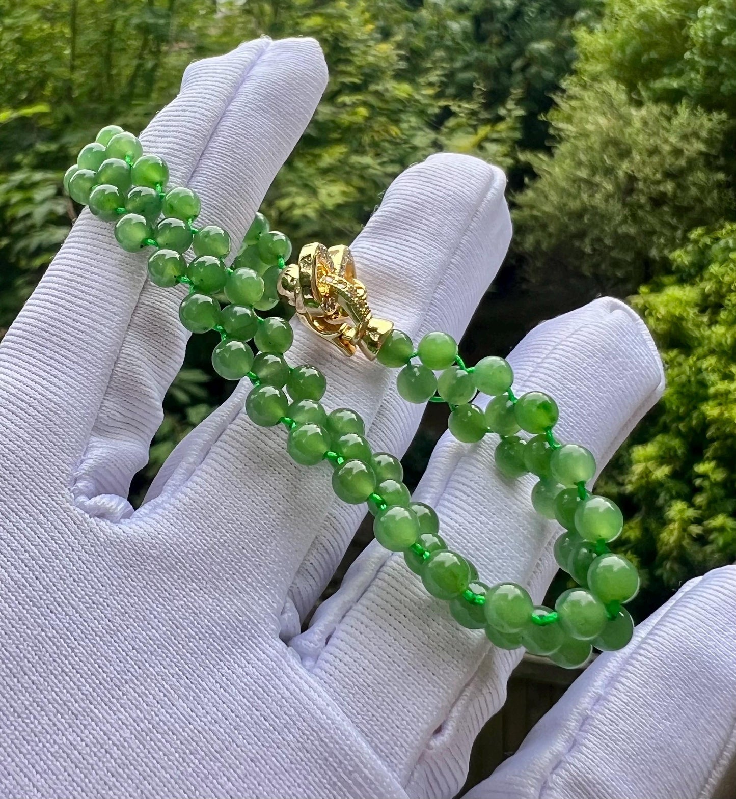 Certified natural nephrite green jade/green nephrite beads braided bracelet /bright green 天然软玉 碧玉 圆珠编织手串 手链#3578 冰果阳绿
