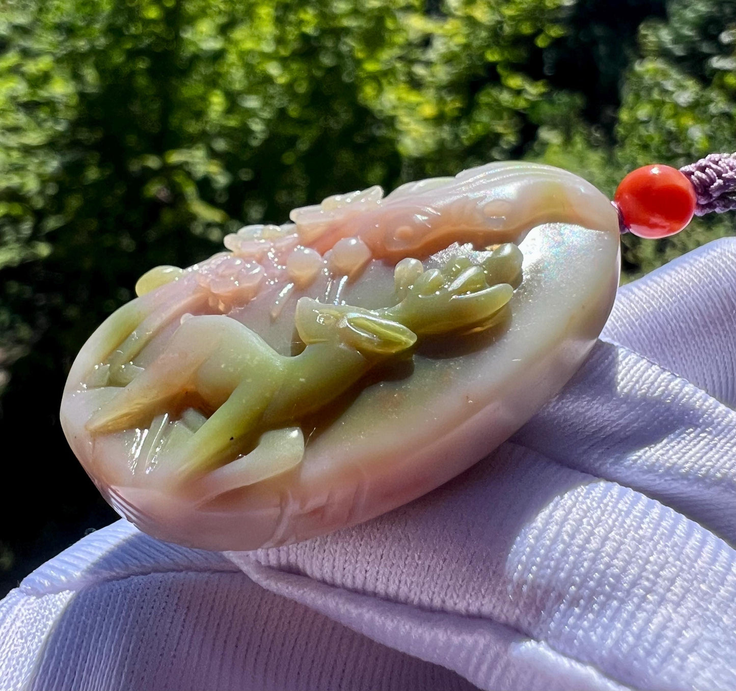 Certified natural Sichuan old mine Yanyuan agate pendant/ pink green Yanyuan Agate flower and Sika deer天然精品 川料盐源玛瑙 粉绿紫三色梅花和梅花鹿#2074满色满肉 高玉化度