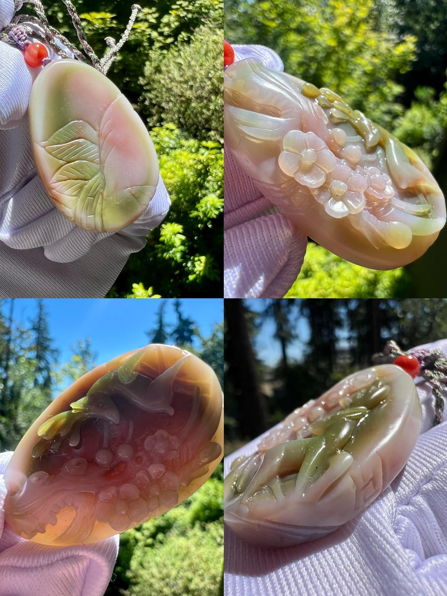 Certified natural Sichuan old mine Yanyuan agate pendant/ pink green Yanyuan Agate flower and Sika deer天然精品 川料盐源玛瑙 粉绿紫三色梅花和梅花鹿#2074满色满肉 高玉化度