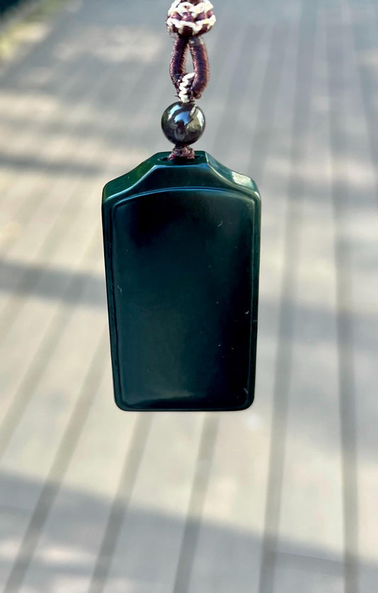 Certified natural river jade/oily black jade/dark nephrite safety nothing pendant/rectangle pendant  天然精品软玉 细料黑青玉吊坠 子料无事牌 #7484 黑、细、油