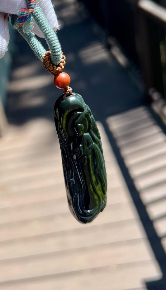 Certified natural river jade/oily black jade/dark nephrite freeform pendant/hand carved Enlightenment pendant天然精品软玉 细料黑青玉 子料吊坠 悟道 #8768黑、细、油