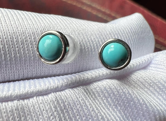 Natural Hubei Turquoise Sterling Silver Stud Earrings: Light Blue Round Gemstone #0870