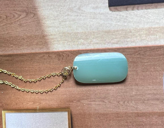 Certified natural nephrite green jade/ icy bluish green nephrite pendant/rectangle pendant necklace gold 18k 天然精品软玉 碧玉粉青吊坠#3657 冰底无结构 起莹光