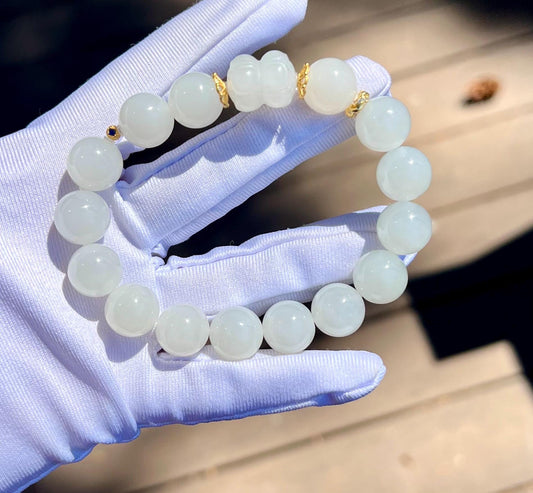 12mm Certified natural jade/Qinghai old mine white nephrite bracelet/white nephrite twin lotus 天然精品软玉 白玉圆珠手串 白玉并蒂莲 #2974 老熟料 白润细糯