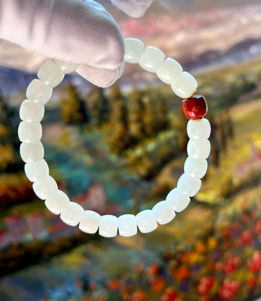 8*7mm Certified natural jade/ white Nephrite bracelet/straight cut beads /天然软玉 老料白玉 直切老型珠手串  油糯白润 #3639