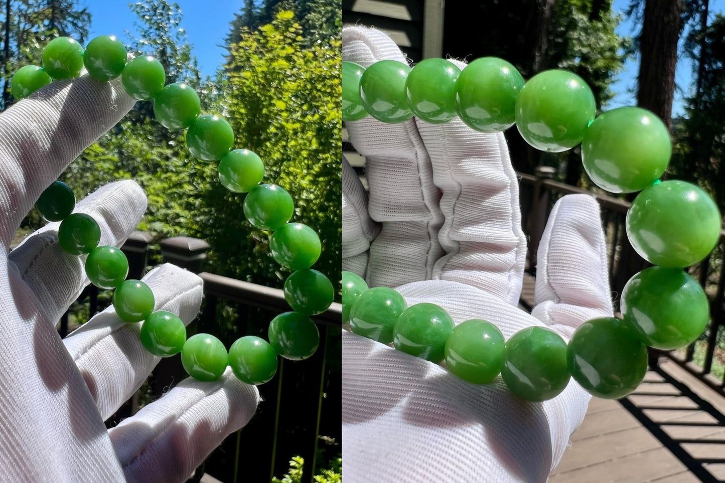 10mm Certified natural nephrite green jade/green nephrite bracelet /rich bright green 天然精品碧玉手串  粉阳绿 #1941 色浓 细腻 起莹光起猫