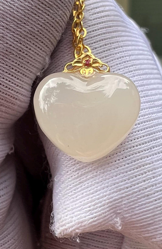 Certified natural jade/lotus pink nephrite  heart shape pendant necklace/pink nephrite pendant/gold 18k /天然精品软玉 藕粉爱心吊坠#4200 mini size