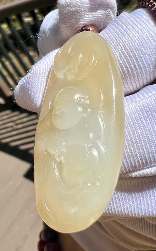 Certified natural jade/ brown white nephrite carved Maitreya Buddha pendant necklace/  天然软玉 糖白玉笑佛 弥勒佛吊坠  #0319 浅黄金糖/奶糖色 细度佳