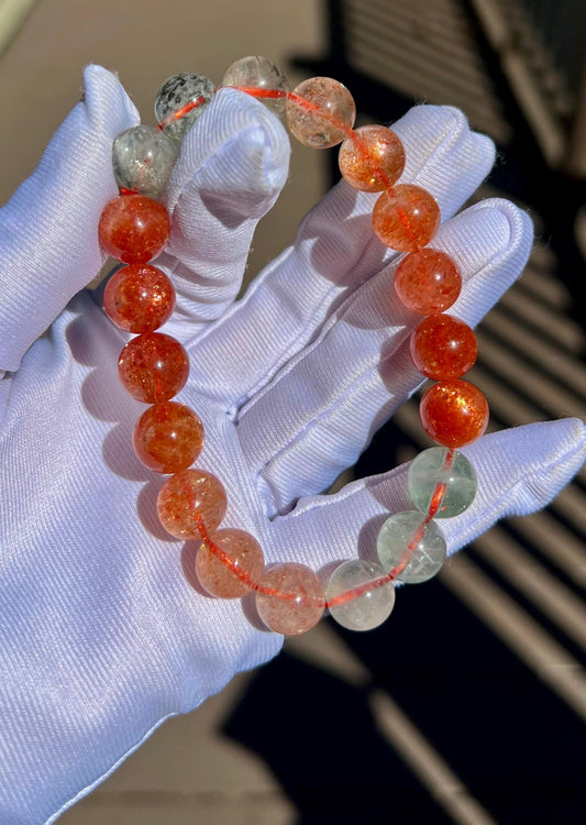 10mm+ Certified natural Arusha bracelet, golden sunstone and light green Beryl/powerful crystal 天然精品 阿鲁沙金太阳石手串 金草莓绿柱石共生#5501
