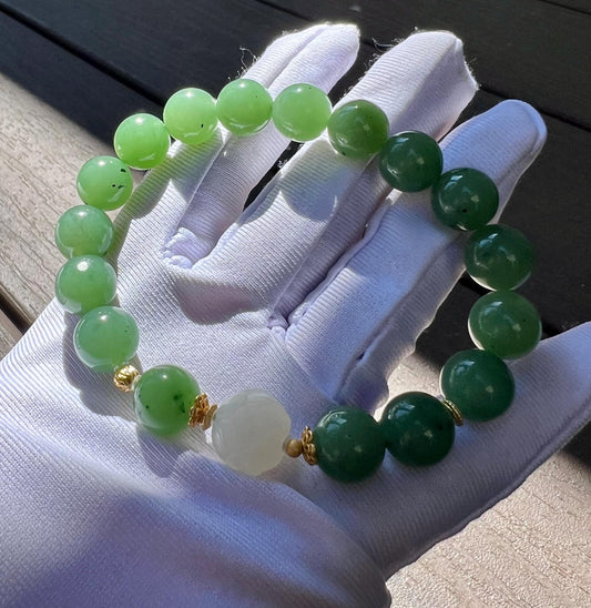 10.3mm+ Certified natural nephrite green jade/ green nephrite bracelet/white nephrite lotus /天然碧玉手串 翠色果绿 搭配白玉莲花 #3423