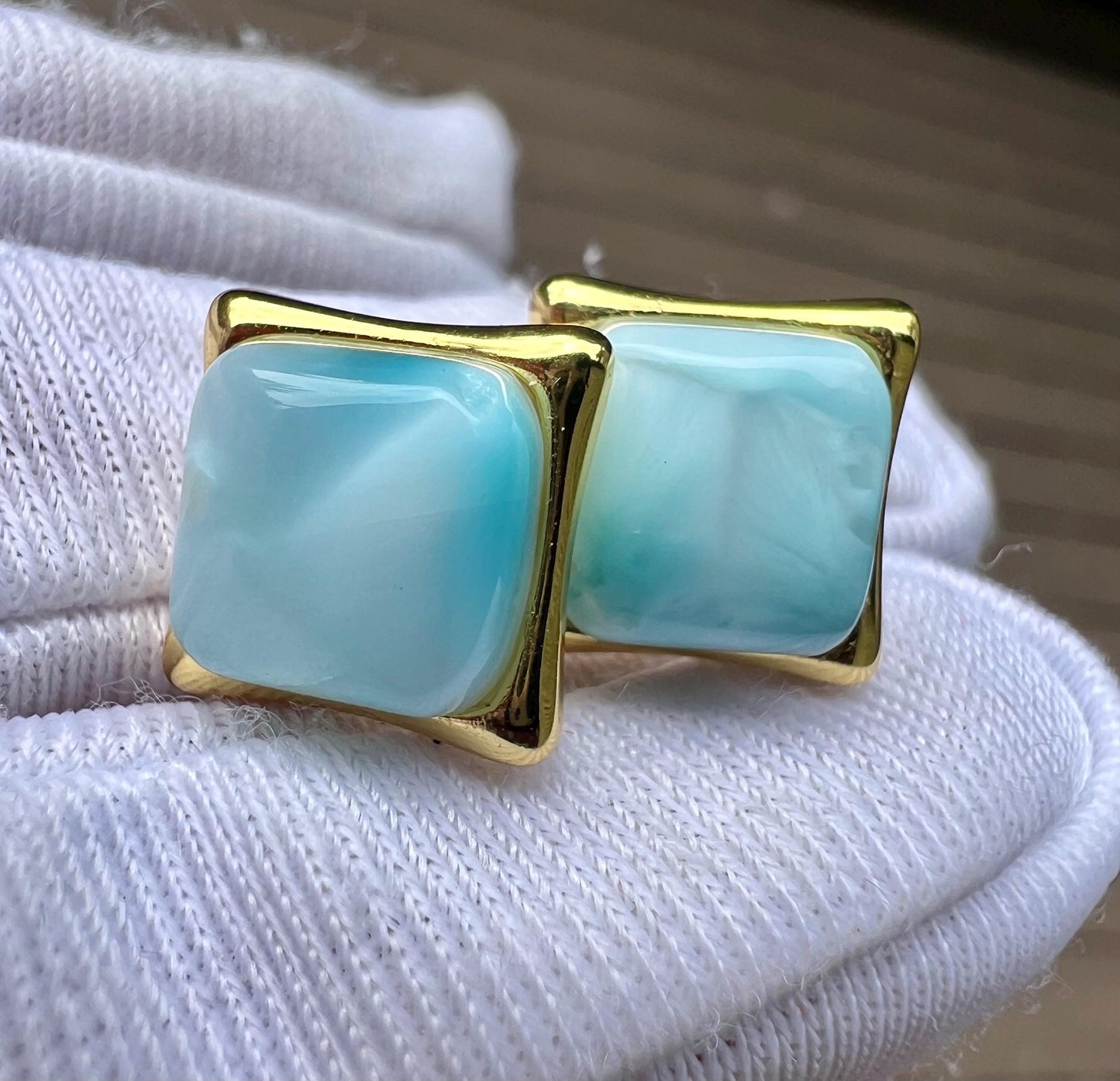 Certified natural Larimar earrings /sea and sky color/square shape stud earrings sterling silver/ 天然海纹石耳钉 耳环 方形切割 波浪纹纯银镶嵌#1052 全玉化