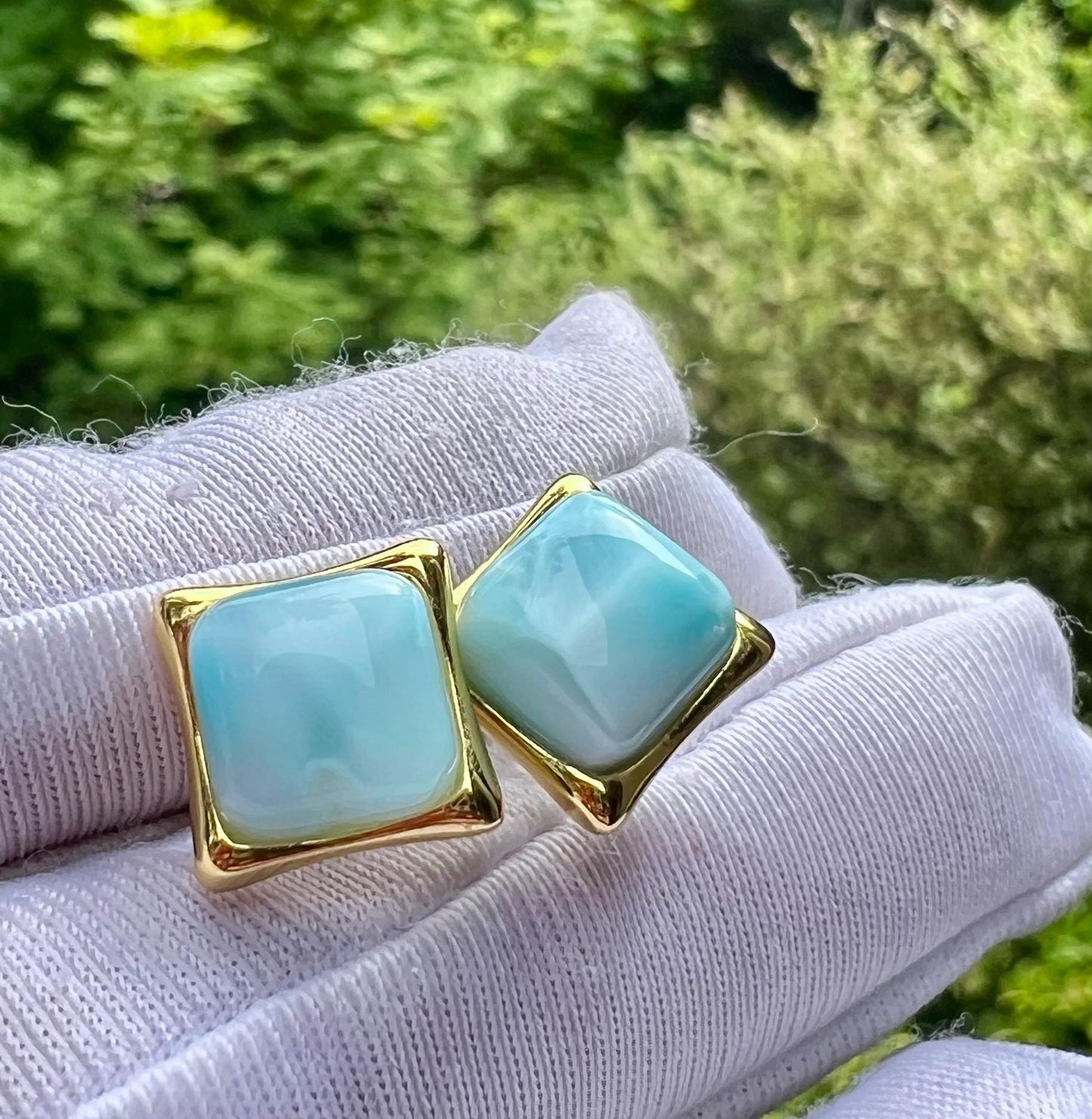 Certified natural Larimar earrings /sea and sky color/square shape stud earrings sterling silver/ 天然海纹石耳钉 耳环 方形切割 波浪纹纯银镶嵌#1052 全玉化
