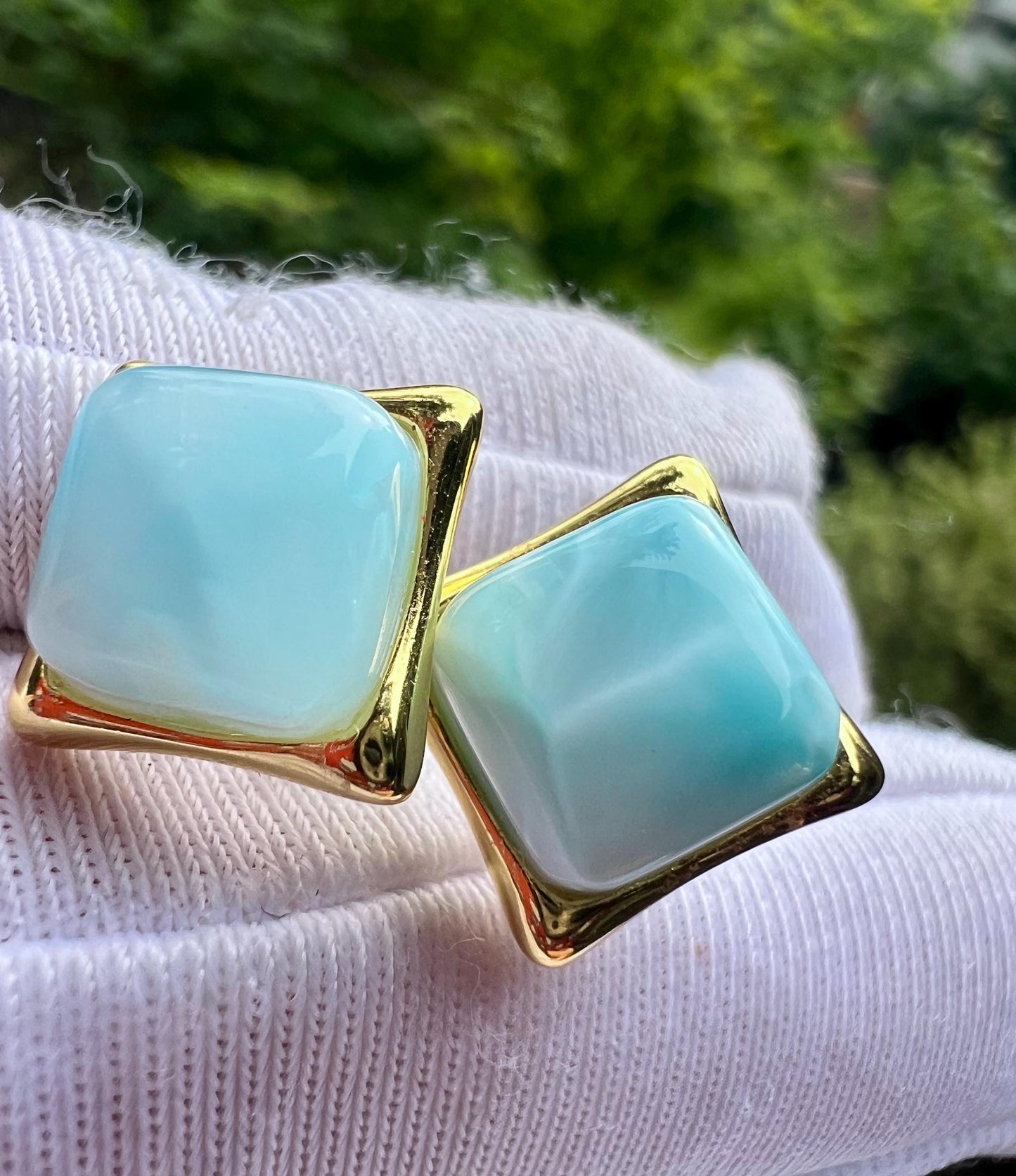 Certified natural Larimar earrings /sea and sky color/square shape stud earrings sterling silver/ 天然海纹石耳钉 耳环 方形切割 波浪纹纯银镶嵌#1052 全玉化