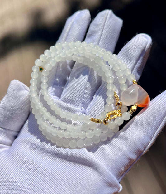 4mm+ Certified natural jade/white nephrite  beads necklace/ Multi purpose necklace/ Nanhong peach天然精品软玉 老料白玉项链 高冰白  #4352 万能链