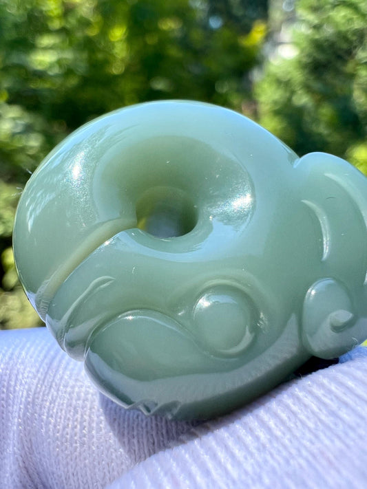 Certified natural nephrite green jade/Siberian light bluish green nephrite pig dragon pendant/hand carved jade necklace天然精品软玉 俄料碧玉粉青玉猪龙#0326 特细 起莹光