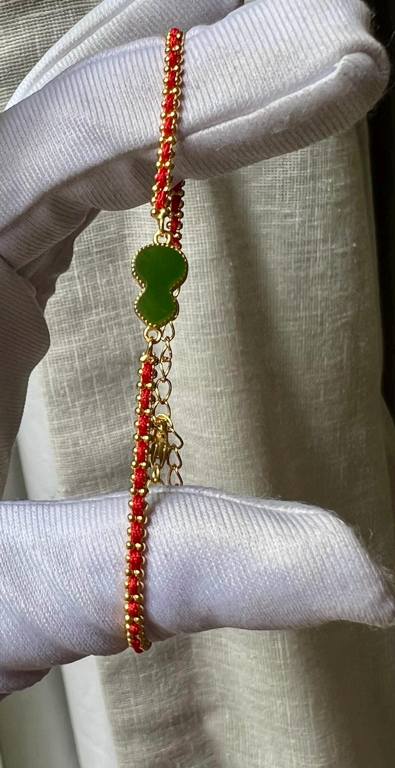 Certified natural nephrite green jade/ green nephrite gourd inlaid S925 bracelet  天然软玉 碧玉葫芦镶嵌纯银手链 #0913 红绳手链