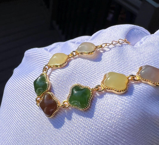Certified natural Jade/multi color nephrite four leaf clover bracelet /green purple yellow nephrite inlaid S925 天然  碧玉糖玉黄玉烟紫 纯银多宝手链#0326