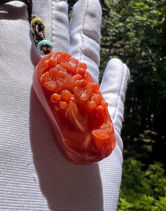 Certified natural Nanhong Agate carved sika deer and plum blossom Pendant necklace, Southern Red Agate Pendant 天然精品保山南红 手工雕刻一鹿有你吊坠 无事牌 #9548