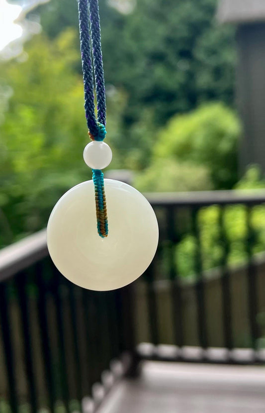 Certified natural Jade/Qinghai white nephrite donut pendant necklace/good luck circle pendant/天然软玉 老料白玉平安扣#4516 润糯奶白