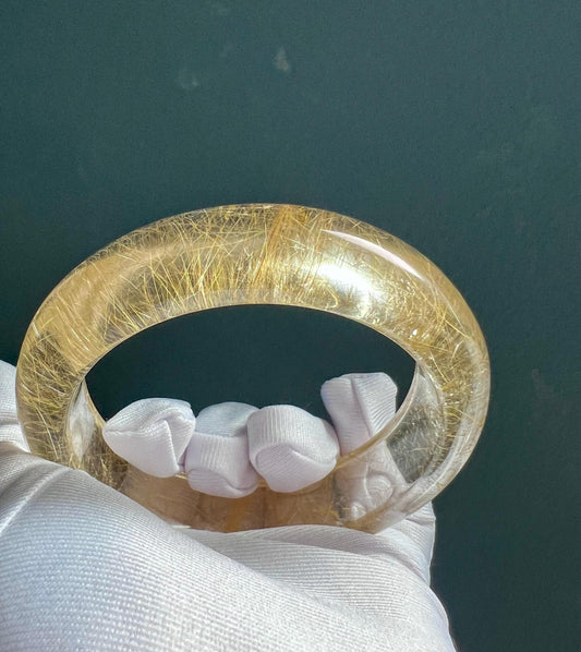 58.8mm Certified natural golden rutilated quartz bangle, Top clarity Golden hair Rutilated Quartz, 天然收藏精品 玻璃体金发晶手镯 发#9460 纯净白水体纯金色 满顺发 爆闪烟花