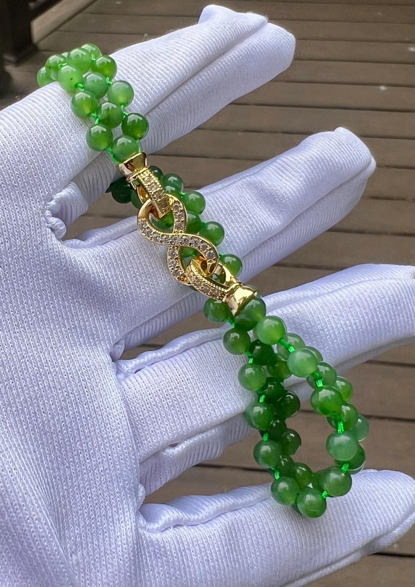 Certified natural nephrite green jade/green nephrite beads braided bracelet /bright green 天然软玉 碧玉 圆珠编织手串 手链#3578 冰果阳绿