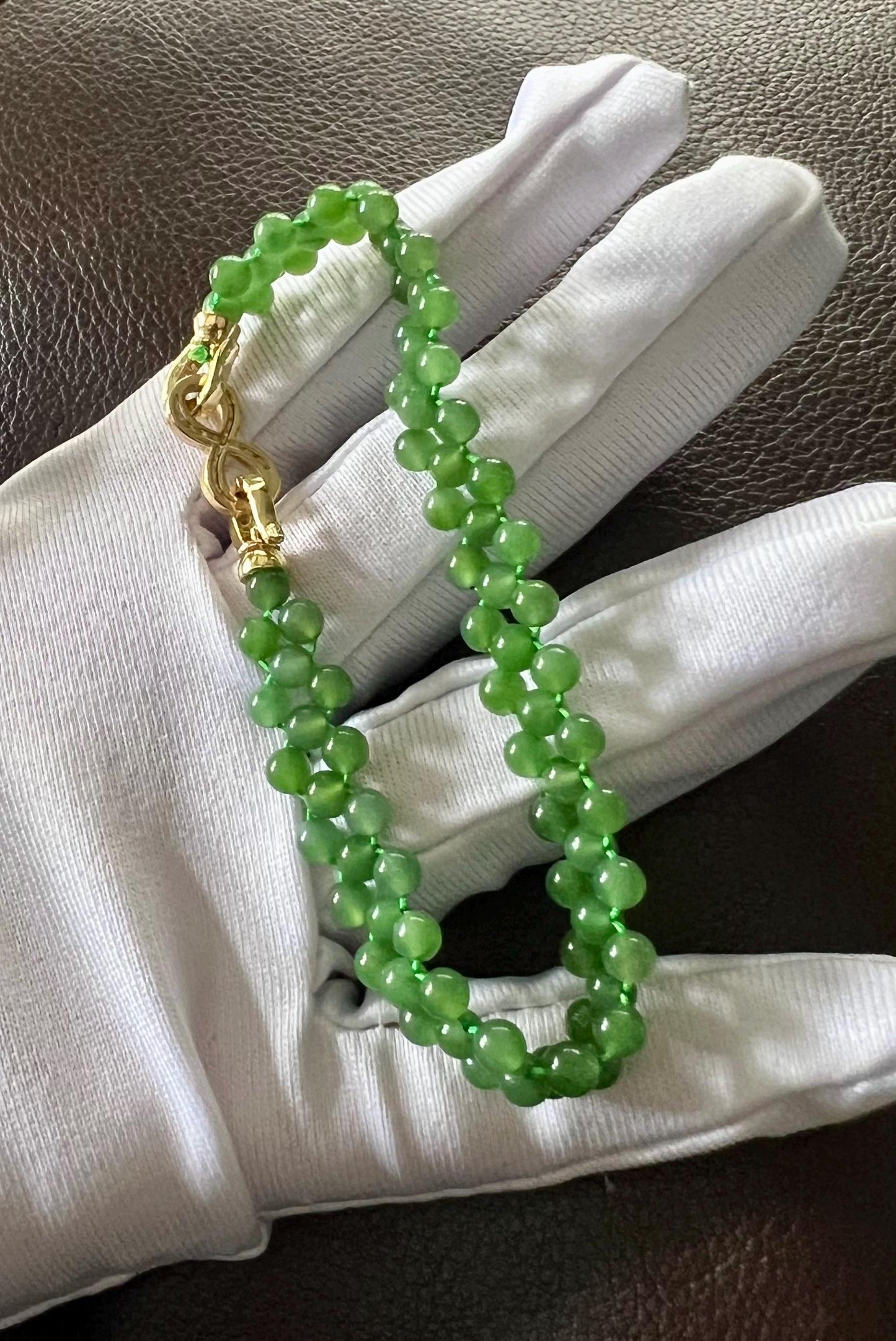 Certified natural nephrite green jade/green nephrite beads braided bracelet /bright green 天然软玉 碧玉 圆珠编织手串 手链#3578 冰果阳绿