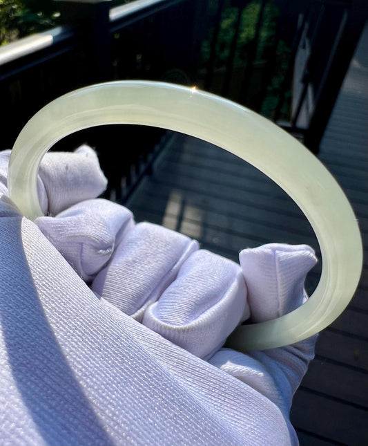 53.5mm Certified natural icy light green nephrite Bangle/Qingshui dangling bangle 天然软玉 冰晴水  细圆条手镯 叮当镯 冰润起莹光 #5403