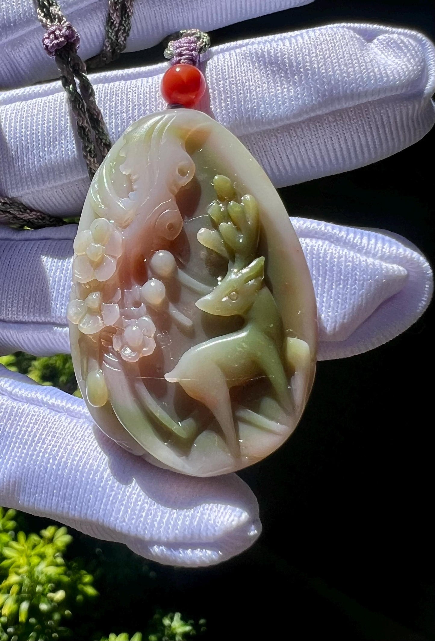 Certified natural Sichuan old mine Yanyuan agate pendant/ pink green Yanyuan Agate flower and Sika deer天然精品 川料盐源玛瑙 粉绿紫三色梅花和梅花鹿#2074满色满肉 高玉化度
