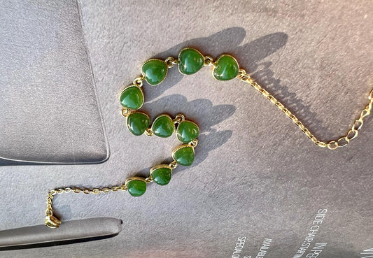 Certified natural nephrite green jade/ green nephrite heart inlaid S925 bracelet /bright green 天然软玉 碧玉爱心镶嵌纯银手链 #3581 冰阳绿