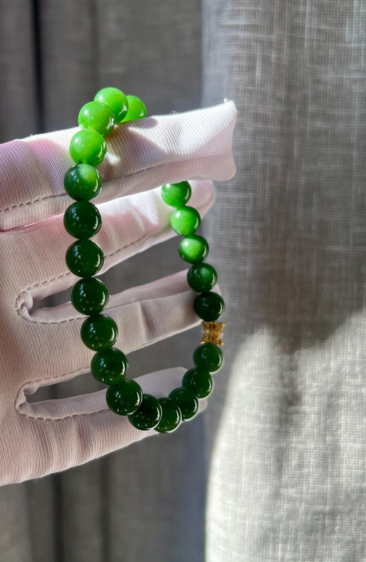8mm Certified natural nephrite green jade/green nephrite bracelet /rich bright green/天然软玉 碧玉手串  浓阳绿 鲜辣绿#0312