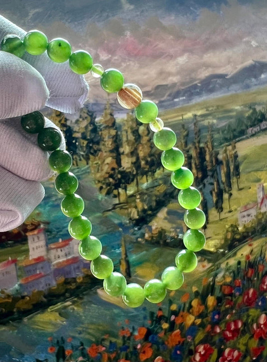 6mm Certified natural nephrite green jade /icy green nephrite Bracelet/chatoyancy 天然软玉 碧玉手串 冰绿 部分猫眼 #2243 搭配金钛晶圆珠