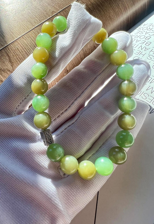 Natural Green Nephrite Jade Bracelet: Sterling Silver, Mint and Brown #4540