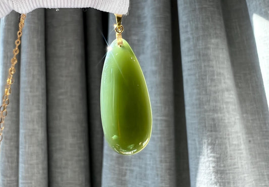 Green Nephrite Teardrop Pendant Necklace: 18k Gold Bail, Sterling Silver Chain #0568