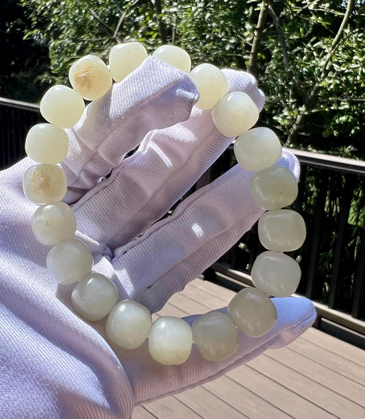 Certified natural jade white Nephrite bracelet/ river jade/warm white/barrel beads 天然软玉 子料白玉 手串 老型珠暖白#7290 原皮毛孔