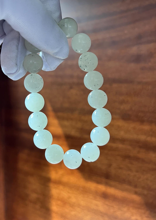 12.1mm Certified natural jade white Nephrite with Ink-dotted Qinghua bracelet/Heishan oily white nephrite/Good whiteness 天然软玉 点墨青花白玉 圆珠手串 #1180 油白细润