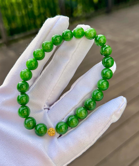 8mm Certified natural nephrite green jade/green nephrite bracelet /rich bright green/天然软玉 碧玉手串  浓阳绿 鲜辣绿#0311