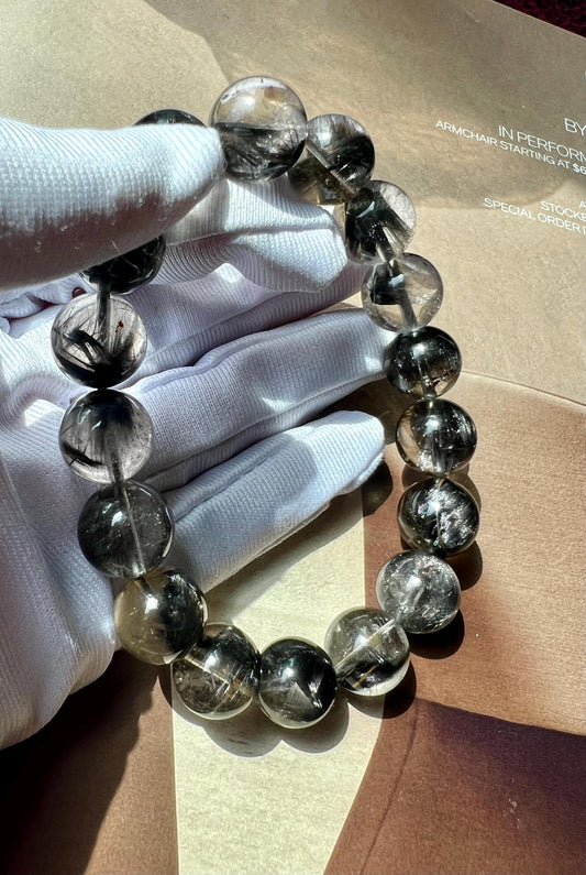 12mm+ Certified natural Brookite quartz bracelet/platy black silver brookite /silver chatoyancy天然收藏精品 黑银钛手串 顺发板钛猫眼 #8379