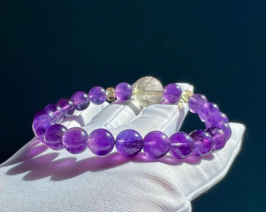 8.6mm+ Natural amethyst bracelet/Uruguay dark purple amethyst /with golden rutilated quartz and Citrine beads 天然紫水晶手串 搭配金发晶圆珠