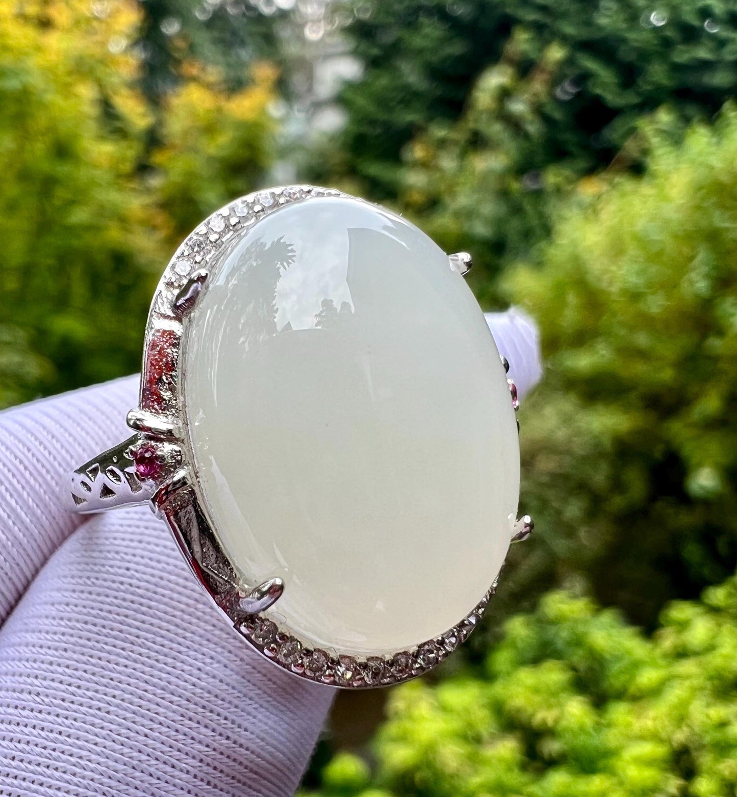 Certified natural jade/white nephrite ring Sterling Silver ring/oval shaped icy white nephrite/ 天然精品软玉 白玉蛋面纯银镶戒指/指环#0379 冰润糯白