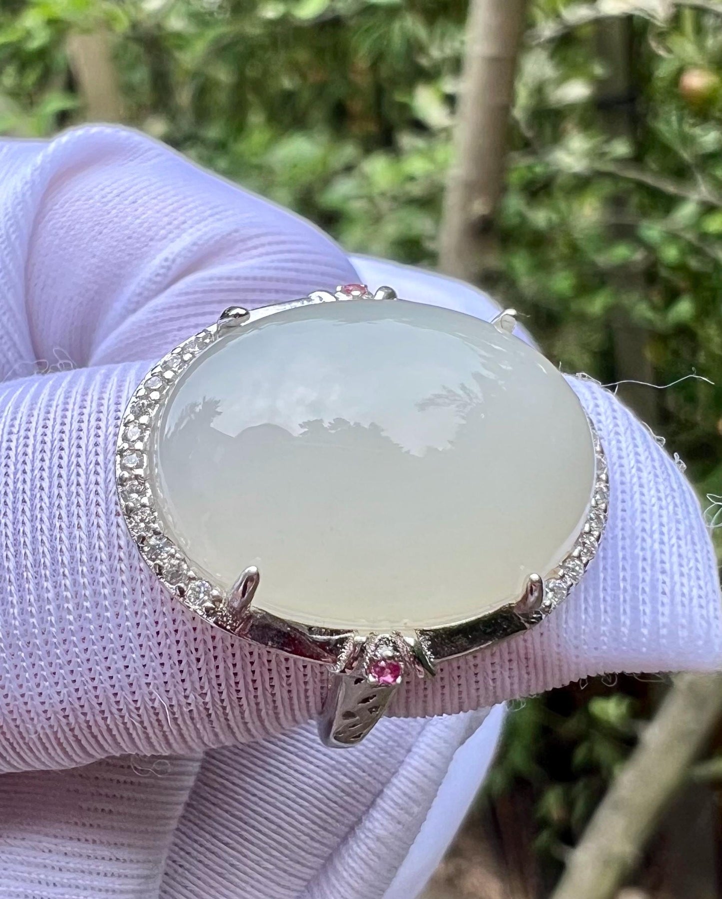 Certified natural jade/white nephrite ring Sterling Silver ring/oval shaped icy white nephrite/ 天然精品软玉 白玉蛋面纯银镶戒指/指环#0379 冰润糯白