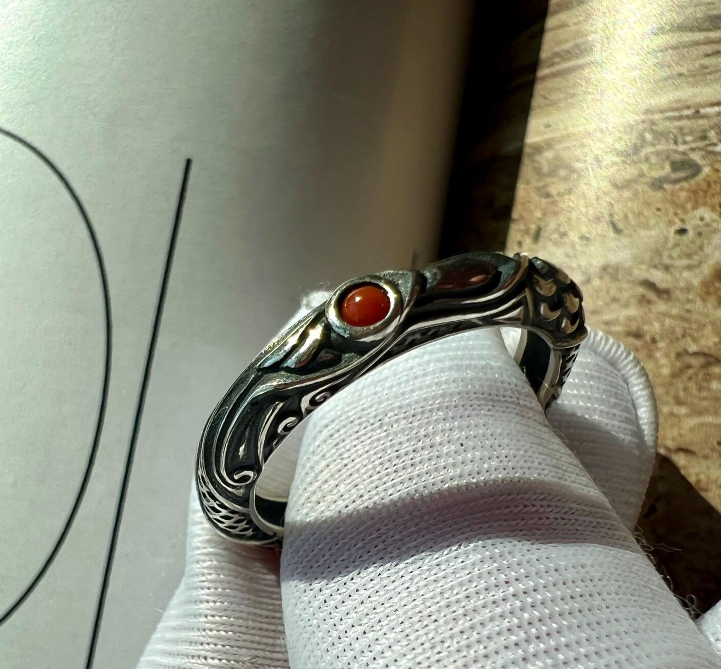 Nanhong Agate Sterling Silver Ring: Arabesque Open Ring, US Size 6.5+  #3593