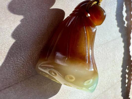 Certified natural jade/Qiemo Brown White nephrite carved lotus seedpod pendant/greenish white brown/ Top fineness 天然精品软玉 糖青白玉莲蓬 吊坠 #5543 老红糖 青白玉