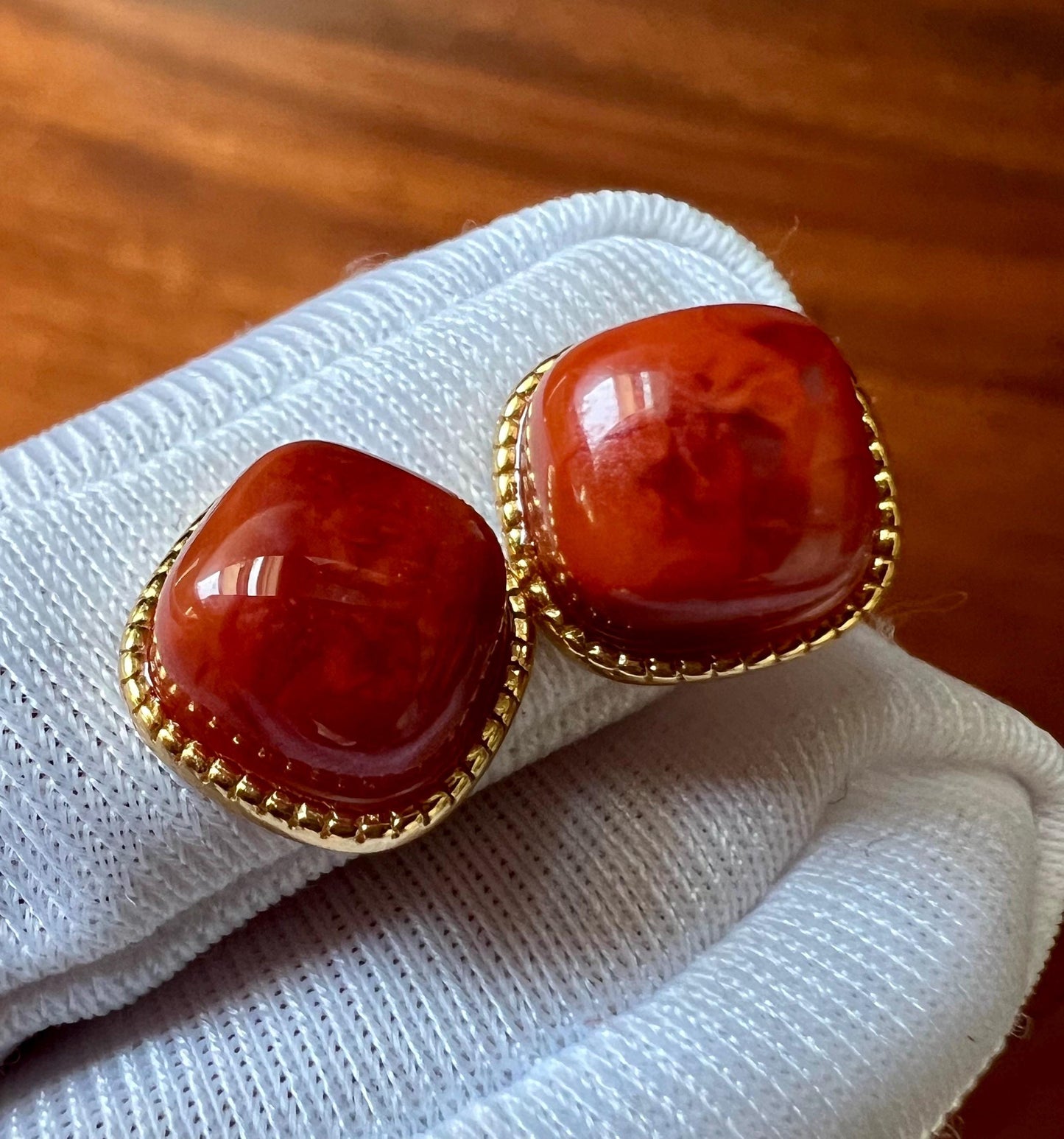Certified natural Sichuan Nanhong agate earrings/Southern Red Agate square stud earrings/sterling silver天然精品川料南红耳钉/纯银镶嵌#0308 方块耳钉