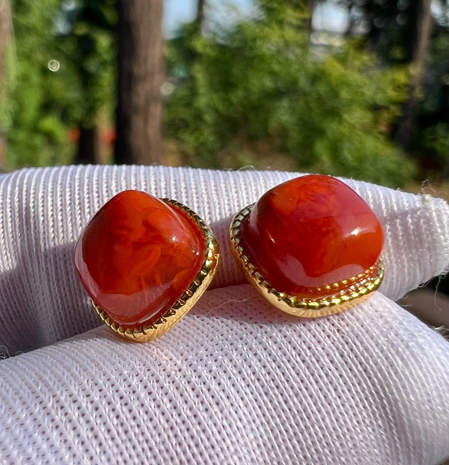 Certified natural Sichuan Nanhong agate earrings/Southern Red Agate square stud earrings/sterling silver天然精品川料南红耳钉/纯银镶嵌#0308 方块耳钉