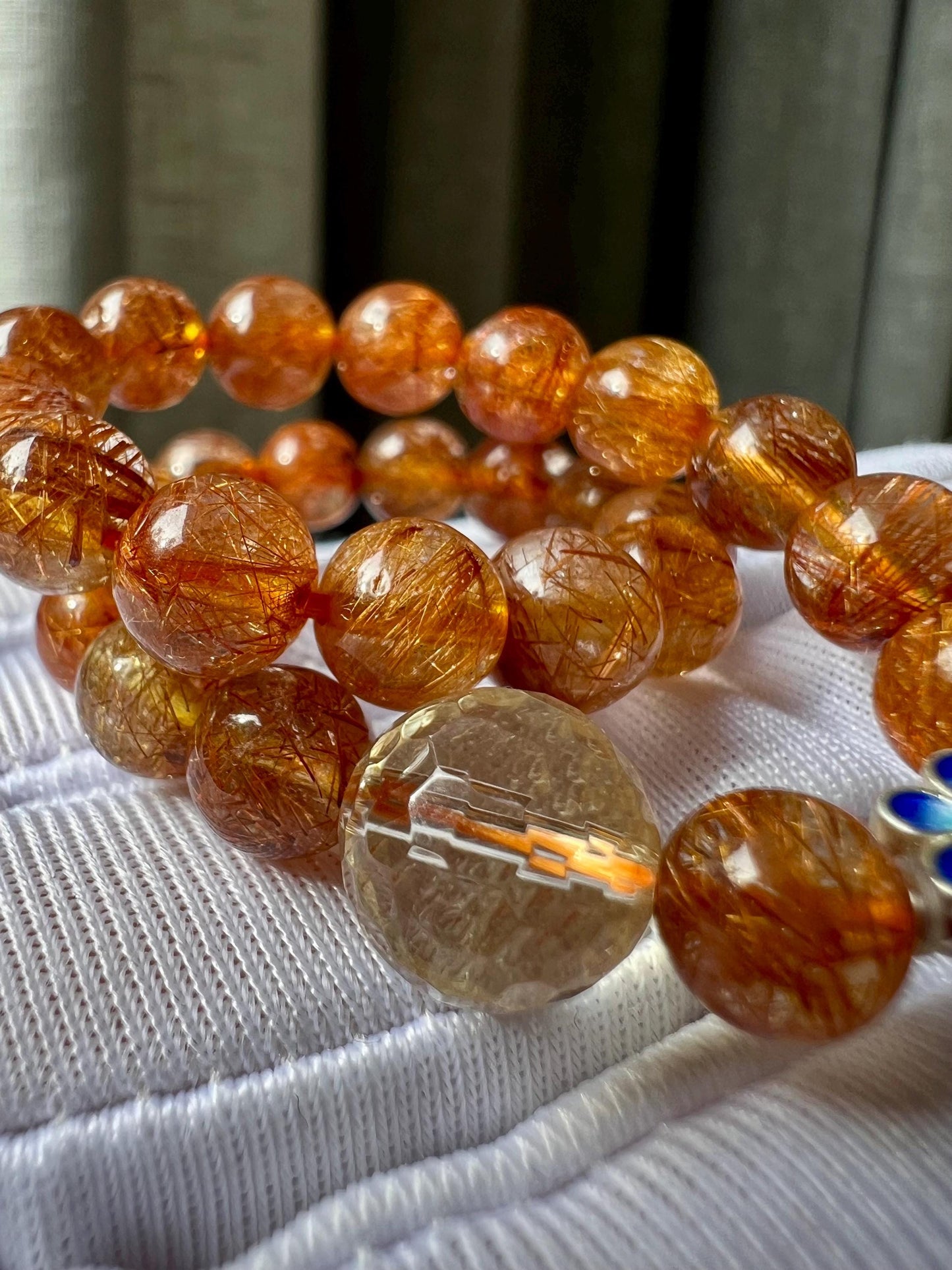 6.5mm+ Certified natural copper rutilated quartz Bracelet/red copper hair bracelet 天然 铜发晶手串 红铜发 #9594 搭配刻面黄水晶