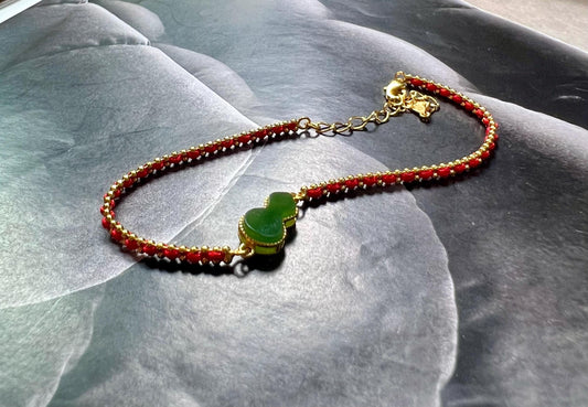Certified natural nephrite green jade/ green nephrite gourd inlaid S925 bracelet  天然软玉 碧玉葫芦镶嵌纯银手链 #0913 红绳手链